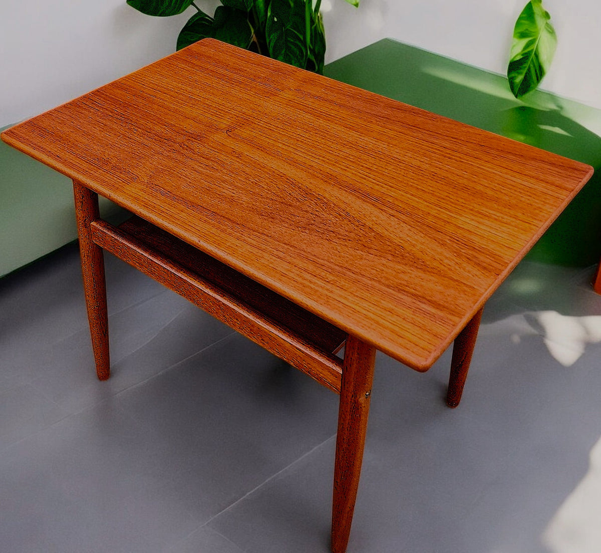 REFINISHED Danish Mid Century Modern Teak Accent Table w Shelf