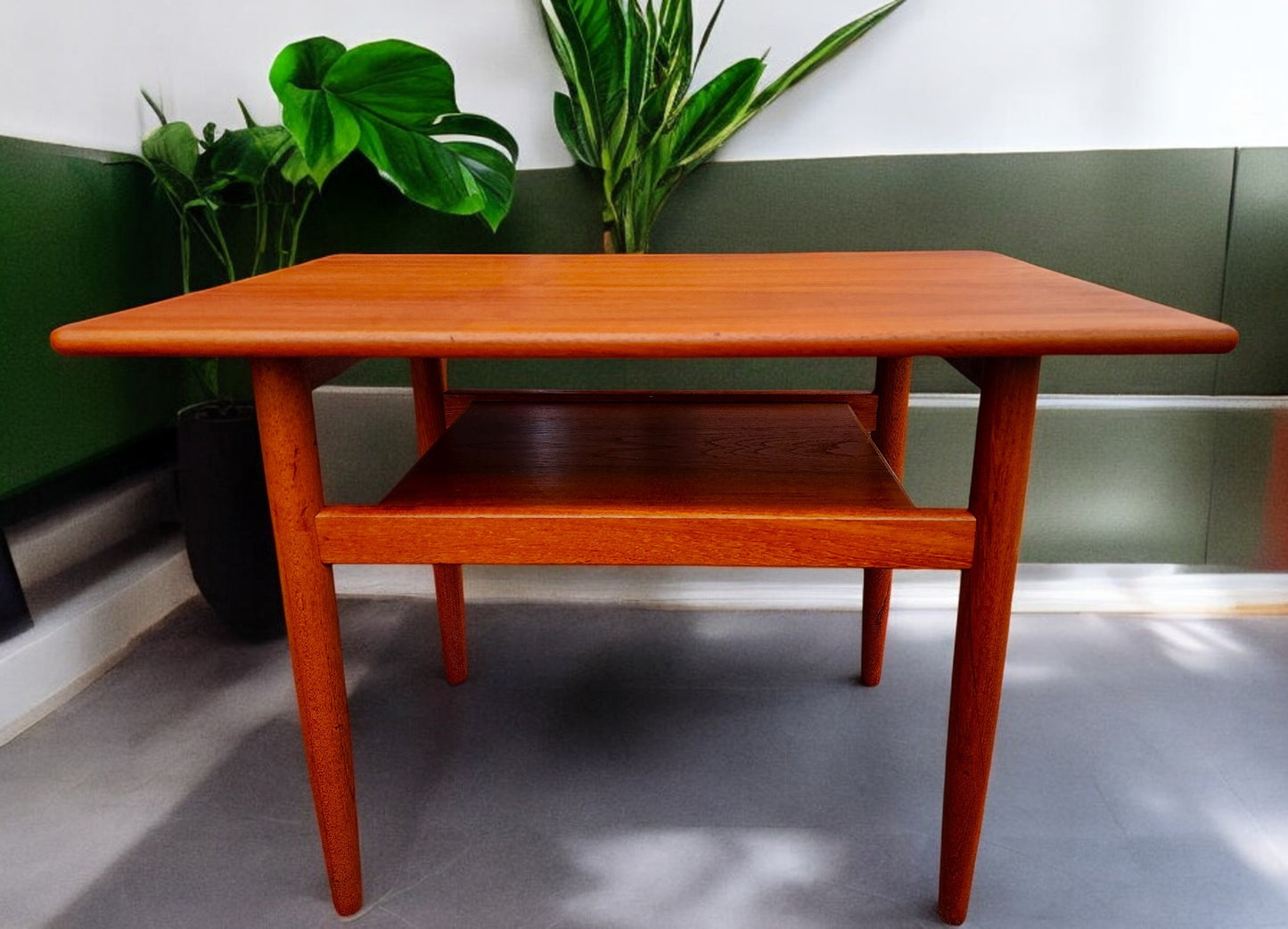 REFINISHED Danish Mid Century Modern Teak Accent Table w Shelf