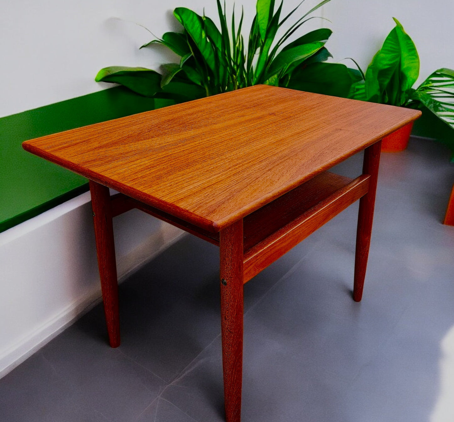 REFINISHED Danish Mid Century Modern Teak Accent Table w Shelf