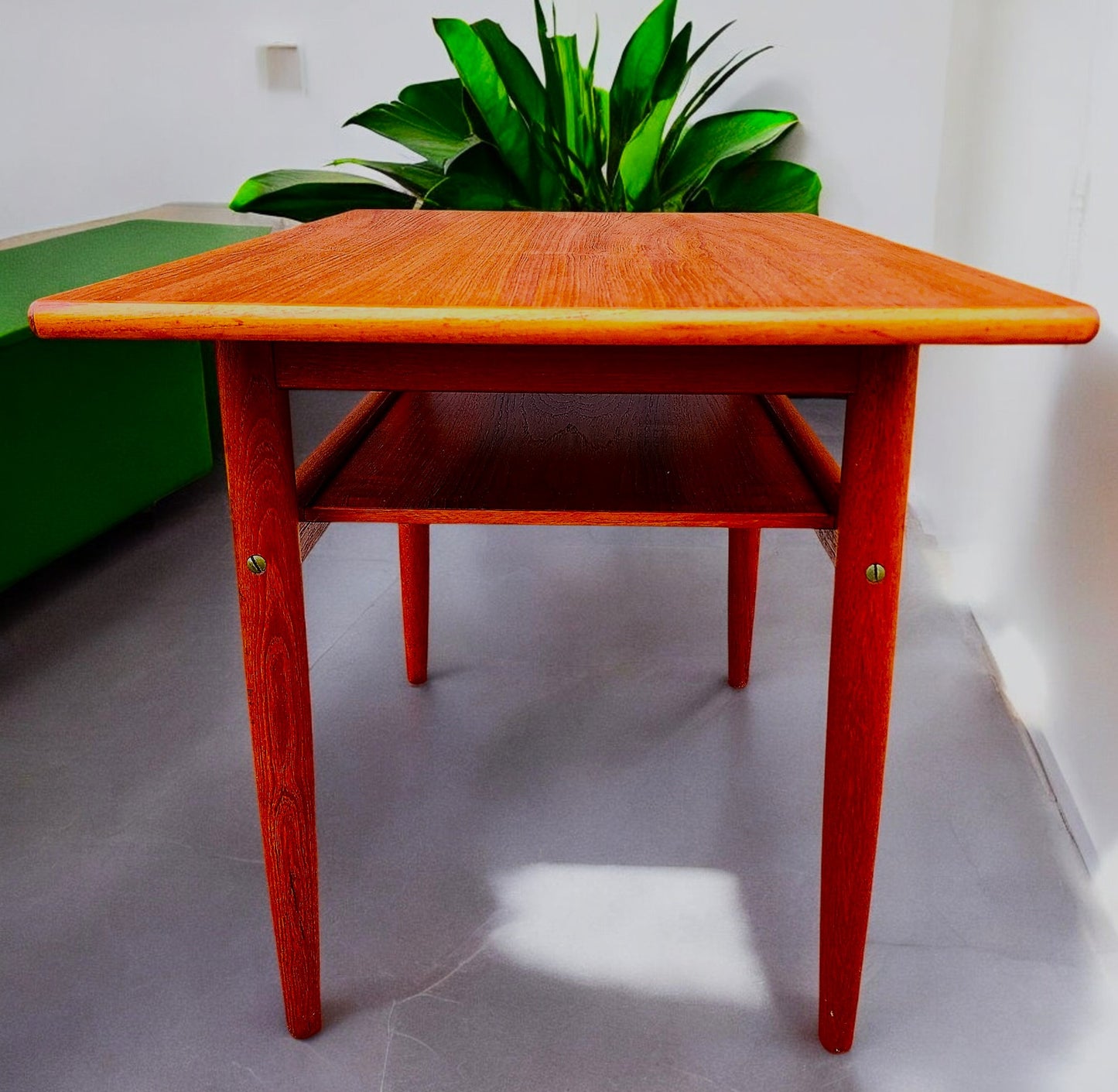 REFINISHED Danish Mid Century Modern Teak Accent Table w Shelf