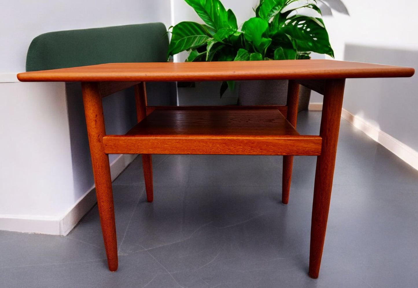 REFINISHED Danish Mid Century Modern Teak Accent Table w Shelf