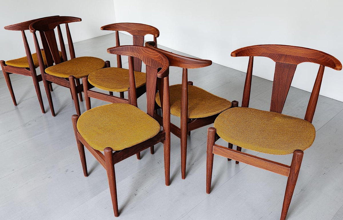 6 REFINISHED will be REUPHOLSTERED Danish MCM Cowhorn Teak Chairs