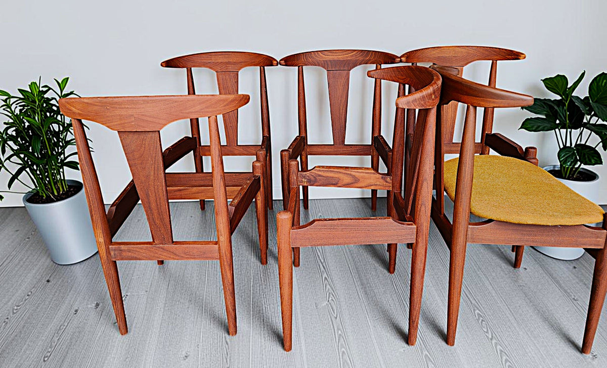 6 REFINISHED will be REUPHOLSTERED Danish MCM Cowhorn Teak Chairs