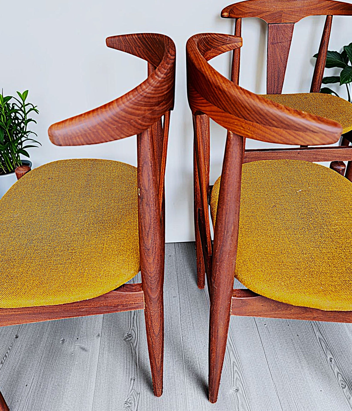 6 REFINISHED will be REUPHOLSTERED Danish MCM Cowhorn Teak Chairs