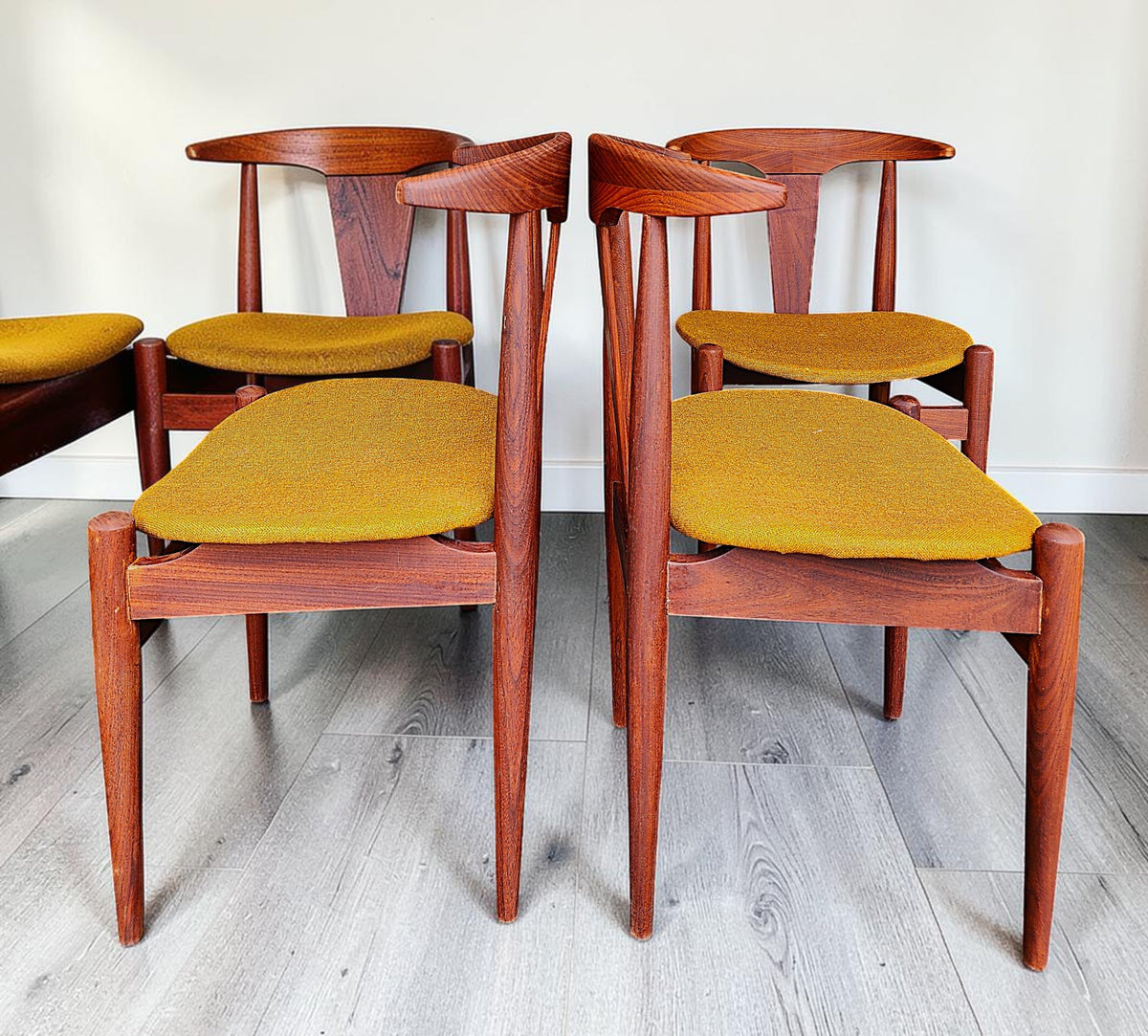 6 REFINISHED will be REUPHOLSTERED Danish MCM Cowhorn Teak Chairs