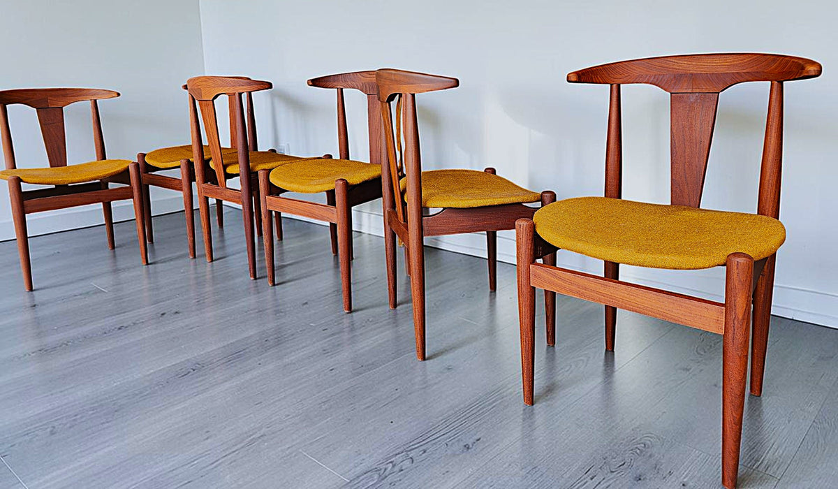 6 REFINISHED will be REUPHOLSTERED Danish MCM Cowhorn Teak Chairs