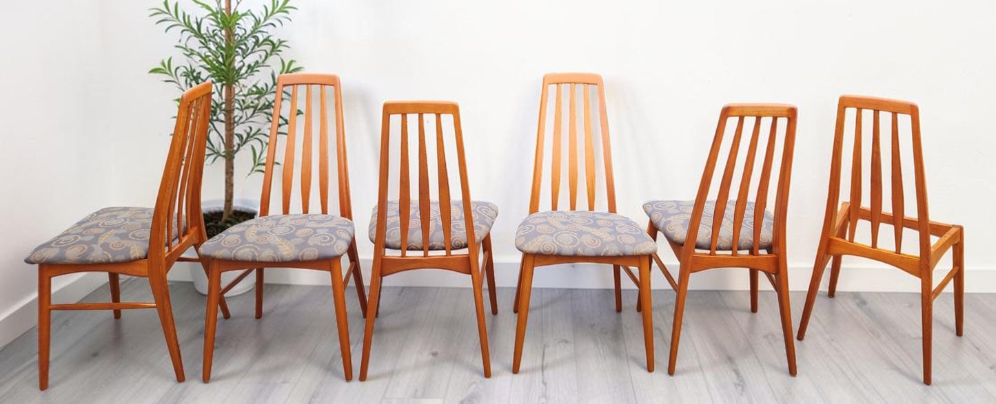 6 REFINISHED Danish Mid Century Modern Teak Chairs by Niels Koefoed, model Eva