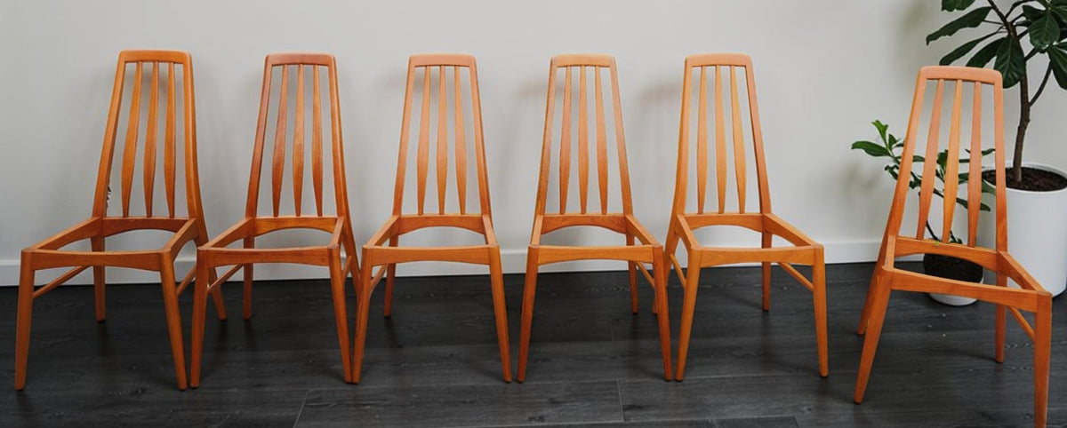 6 REFINISHED Danish Mid Century Modern Teak Chairs by Niels Koefoed, model Eva