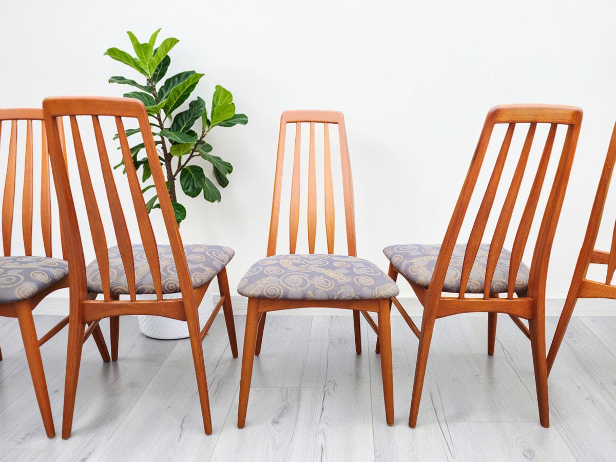 6 REFINISHED Danish Mid Century Modern Teak Chairs by Niels Koefoed, model Eva