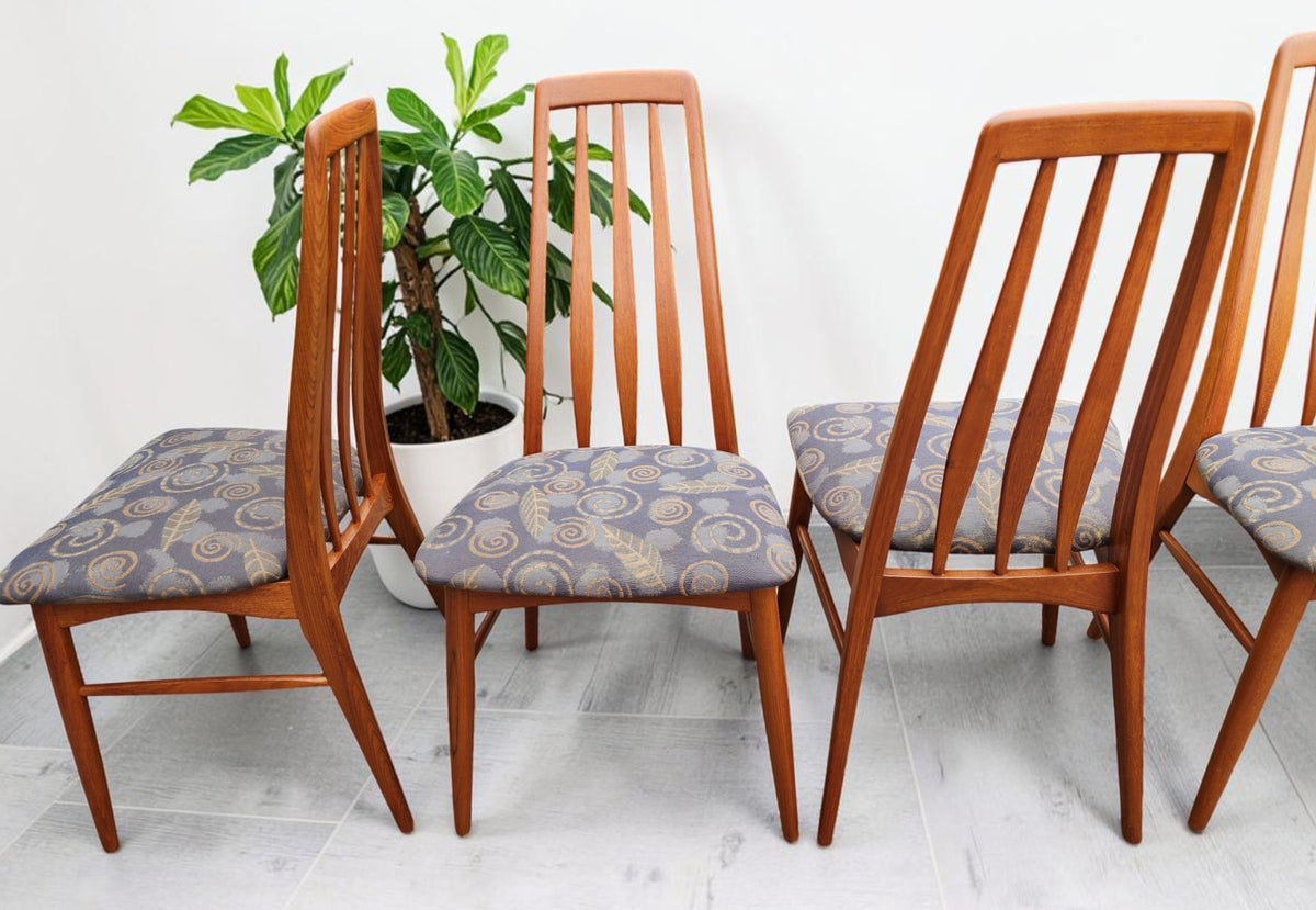 6 REFINISHED Danish Mid Century Modern Teak Chairs by Niels Koefoed, model Eva
