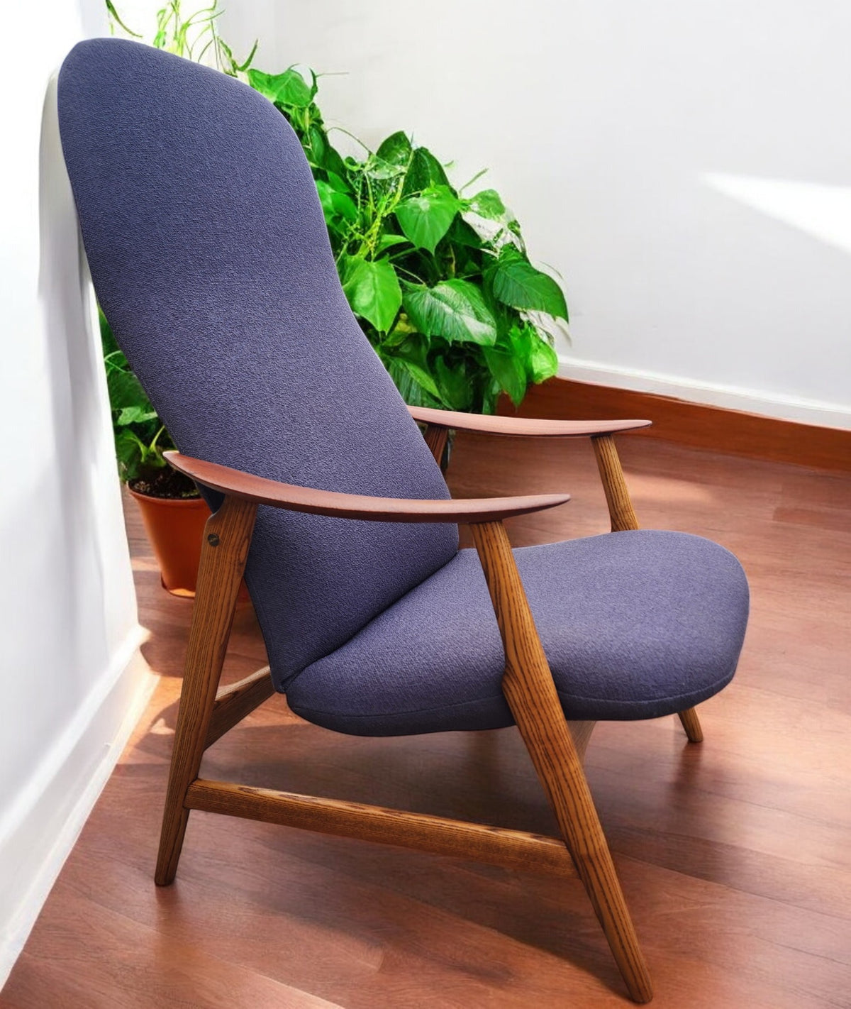 REFINISHED & REUPHOLSTERED in grey Danish MCM Teak Recliner by Arne Vodder