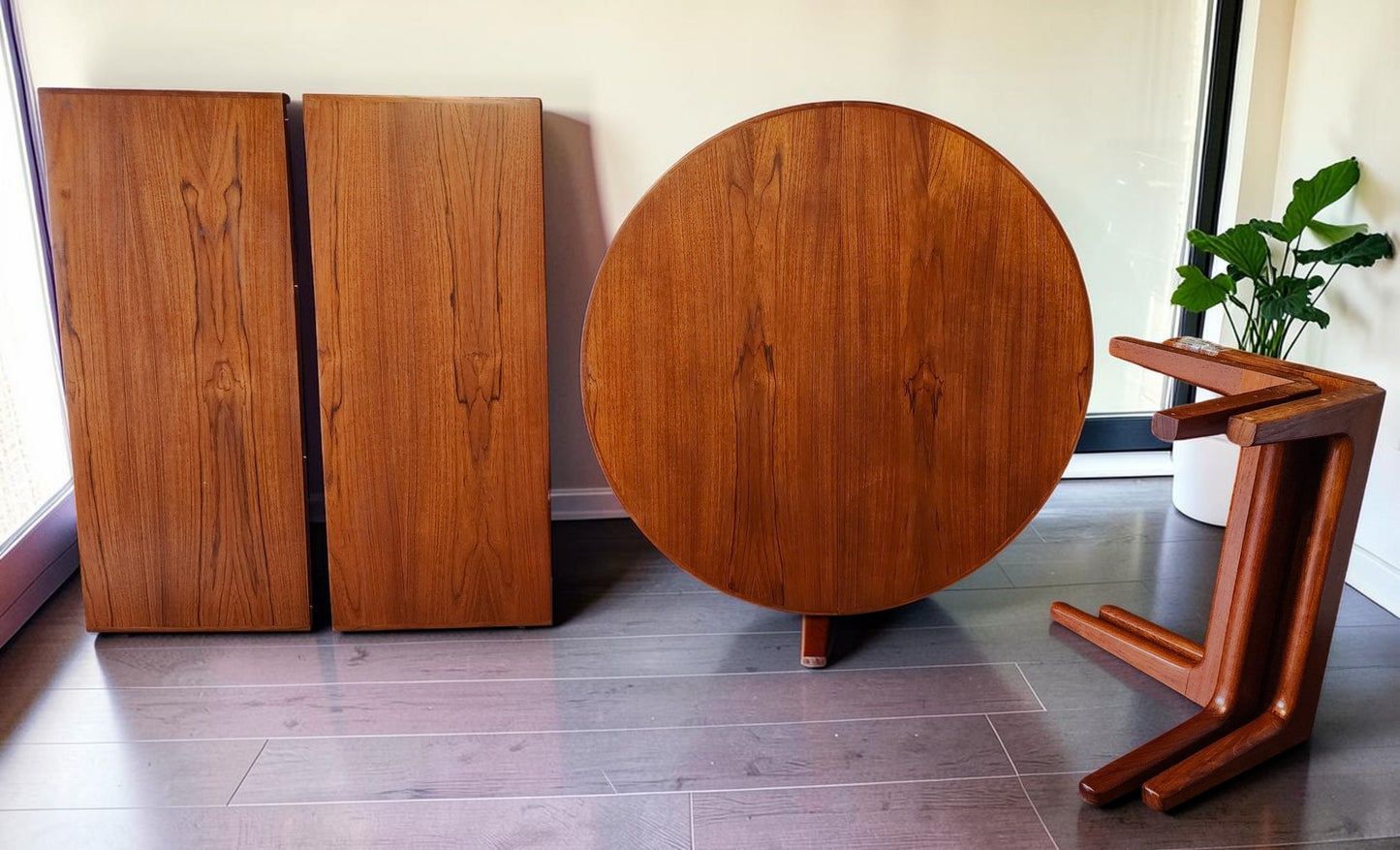 REFINISHED Danish MCM Teak Pedestal Table Round to Oval with 2 Leaves 47"-86"