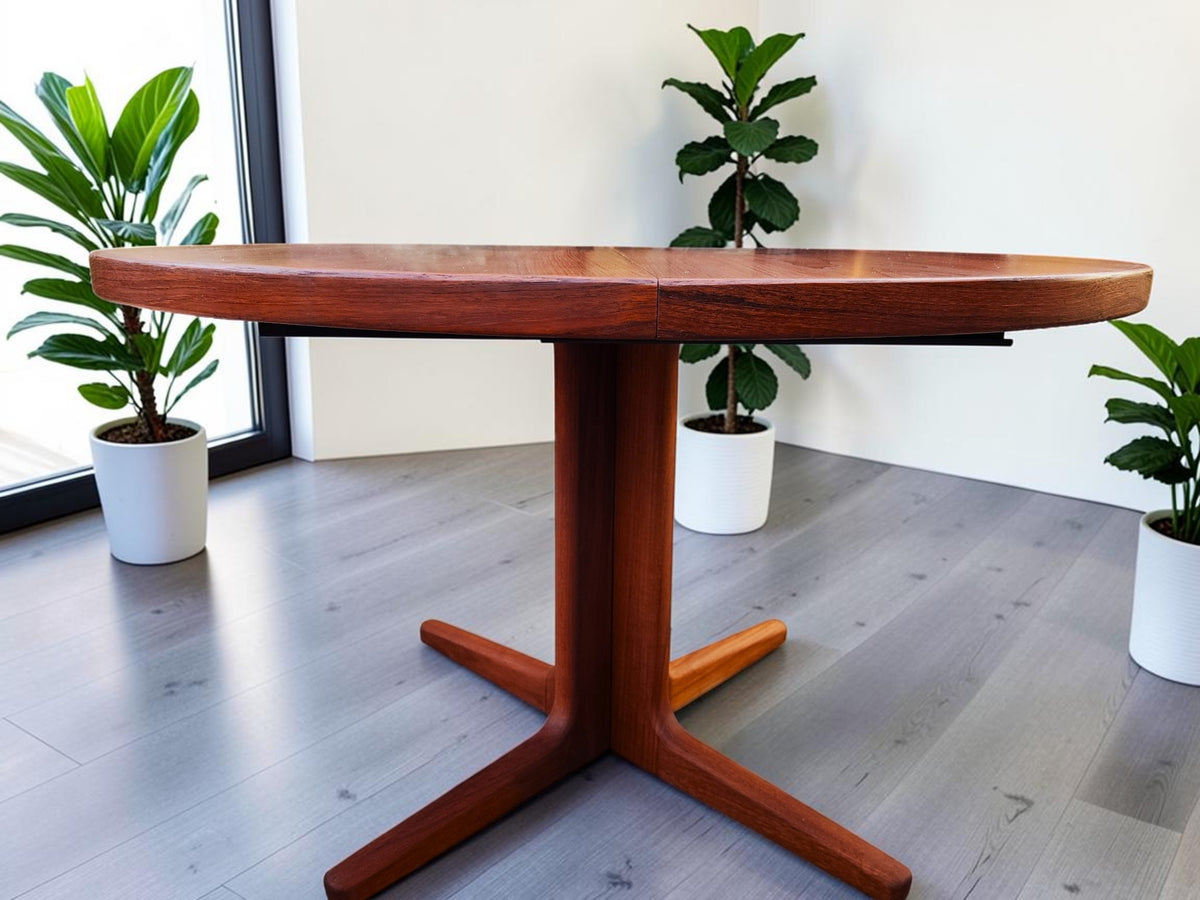 REFINISHED Danish MCM Teak Pedestal Table Round to Oval with 2 Leaves 47