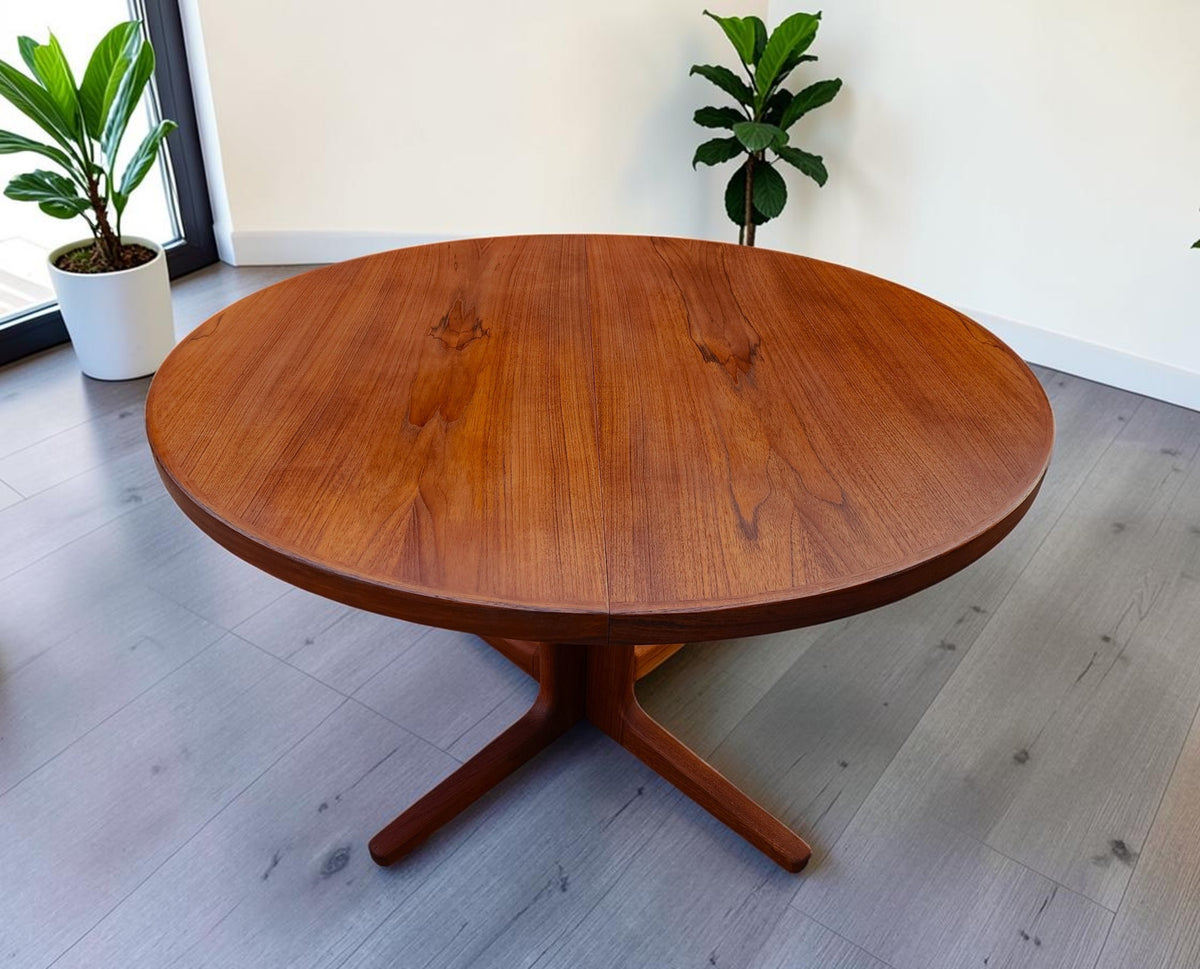 REFINISHED Danish MCM Teak Pedestal Table Round to Oval with 2 Leaves 47
