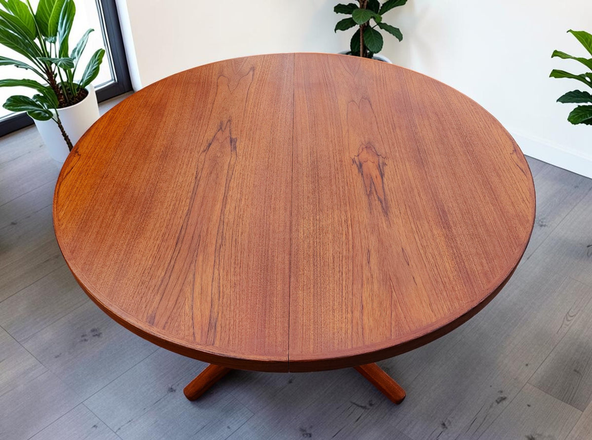 REFINISHED Danish MCM Teak Pedestal Table Round to Oval with 2 Leaves 47