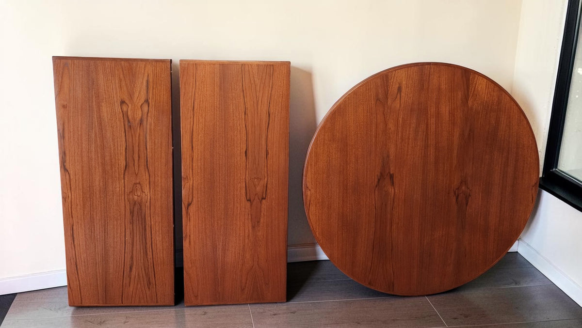 REFINISHED Danish MCM Teak Pedestal Table Round to Oval with 2 Leaves 47