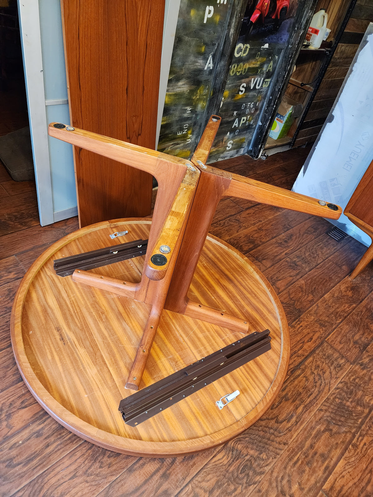 REFINISHED Danish MCM Teak Pedestal Table Round to Oval with 2 Leaves 47