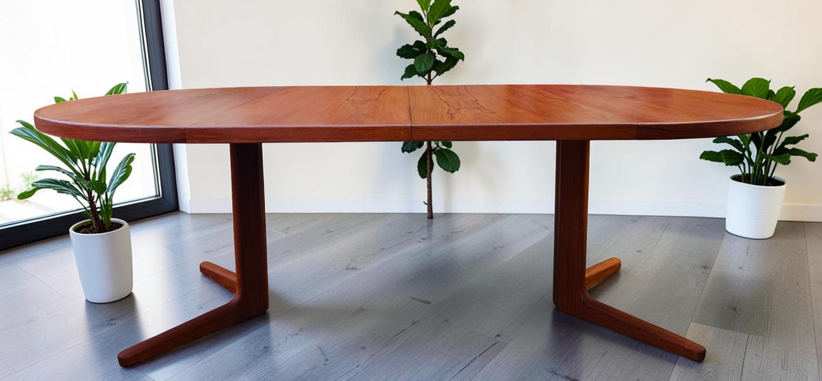 REFINISHED Danish MCM Teak Pedestal Table Round to Oval with 2 Leaves 47
