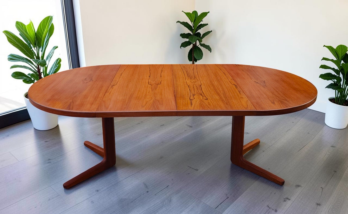REFINISHED Danish MCM Teak Pedestal Table Round to Oval with 2 Leaves 47