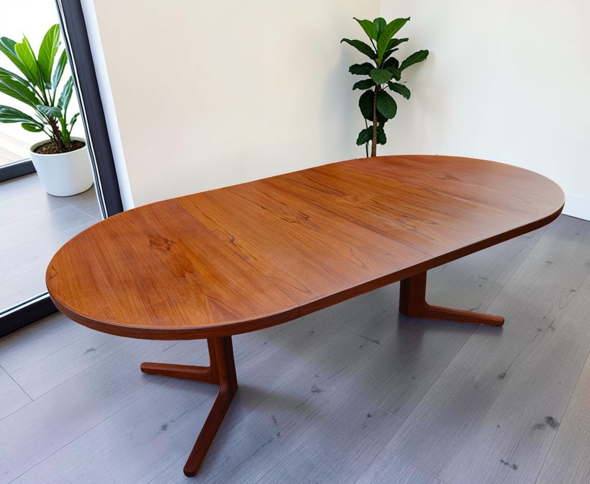 REFINISHED Danish MCM Teak Pedestal Table Round to Oval with 2 Leaves 47