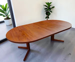 REFINISHED Danish MCM Teak Pedestal Table Round to Oval with 2 Leaves 47
