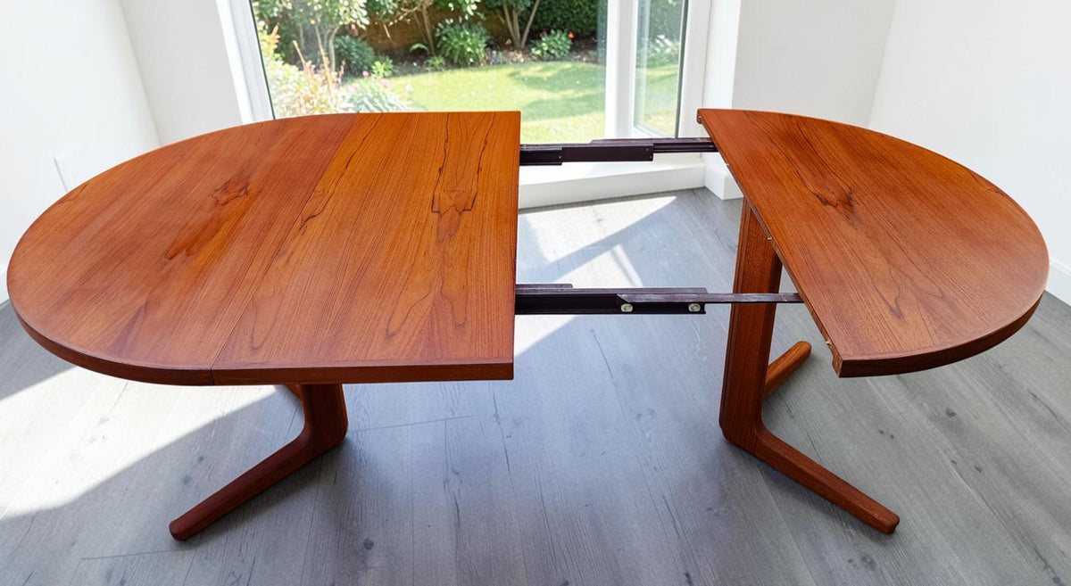 REFINISHED Danish MCM Teak Pedestal Table Round to Oval with 2 Leaves 47