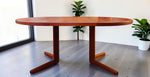 REFINISHED Danish MCM Teak Pedestal Table Round to Oval with 2 Leaves 47