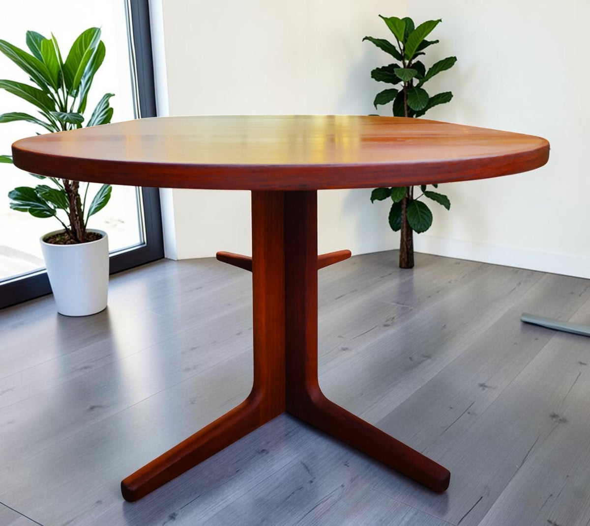 REFINISHED Danish MCM Teak Pedestal Table Round to Oval with 2 Leaves 47