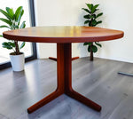 REFINISHED Danish MCM Teak Pedestal Table Round to Oval with 2 Leaves 47