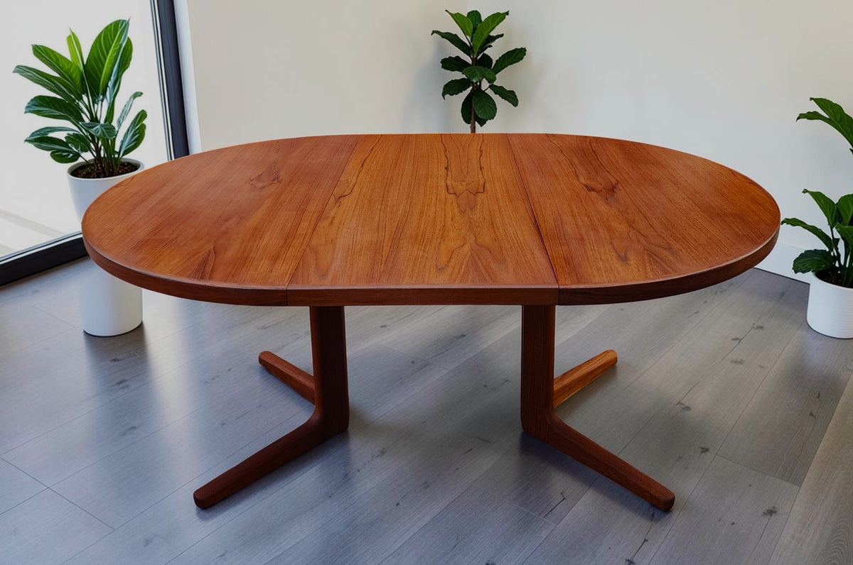 REFINISHED Danish MCM Teak Pedestal Table Round to Oval with 2 Leaves 47