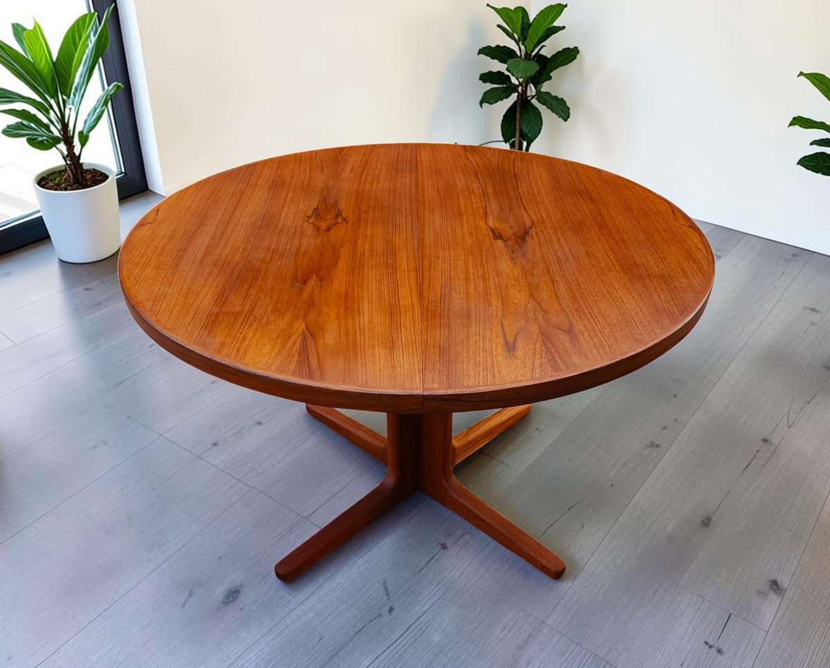 REFINISHED Danish MCM Teak Pedestal Table Round to Oval with 2 Leaves 47