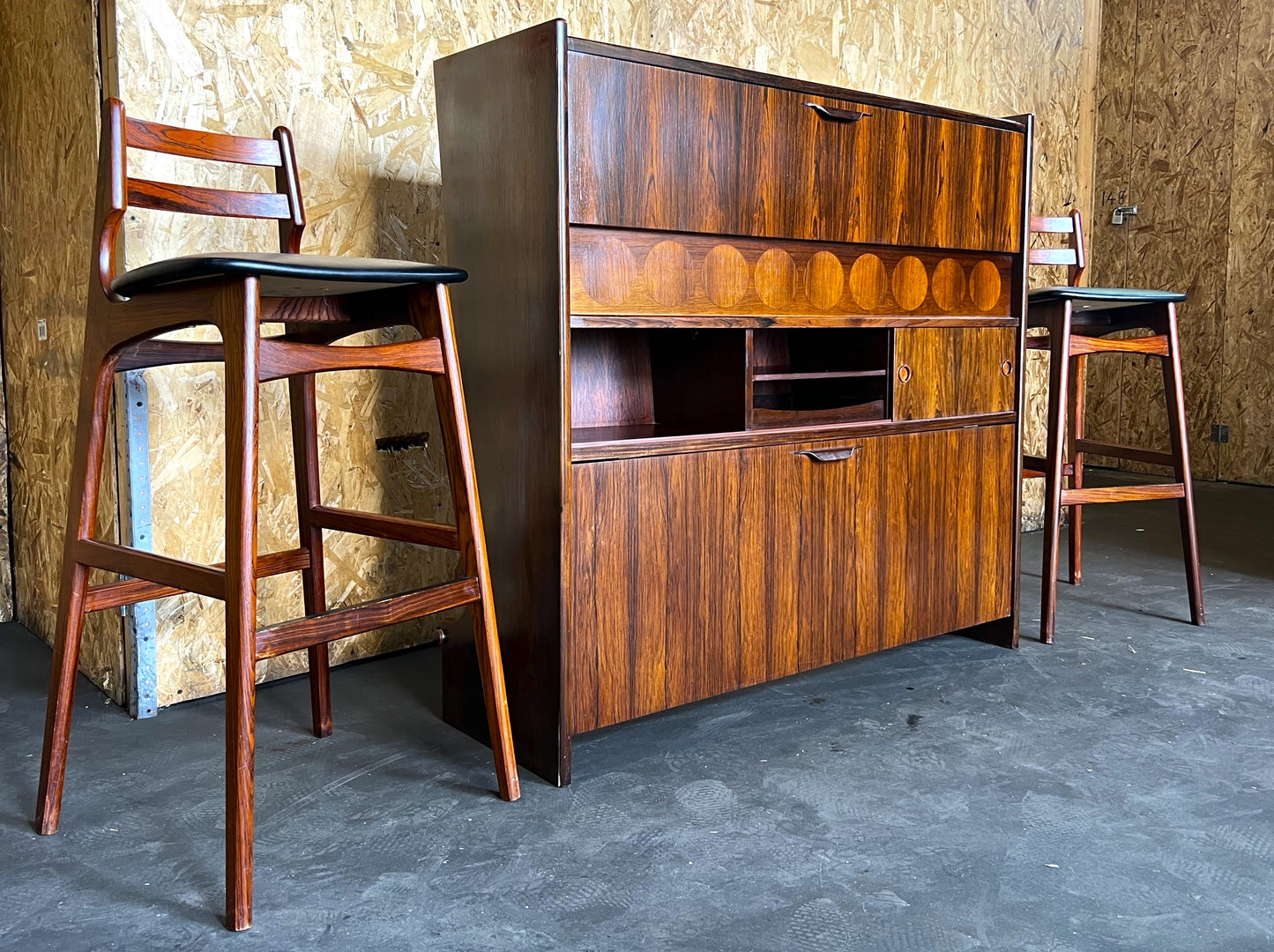 Danish Mid Century Modern Rosewood Bar by J.Andersen & 2 Chairs by E.Buch