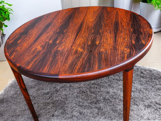 REFINISHED Danish Mid Century Modern Rio Rosewood Table Round w 2 Leaves 47"- 86.5"