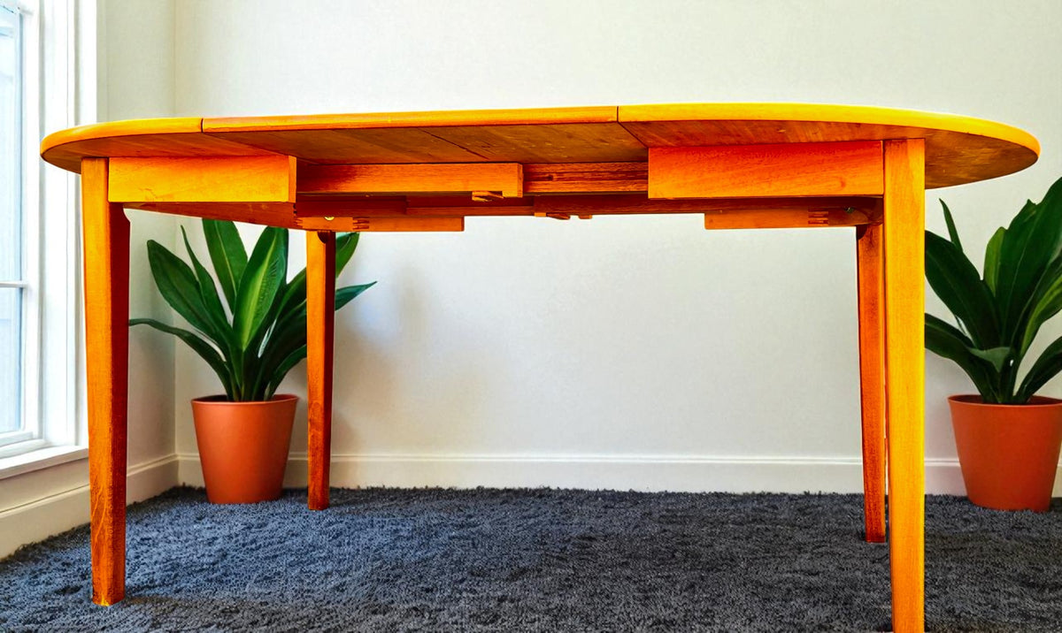 RESTORED Danish Mid Century Modern Teak Table Round w Leaf 43