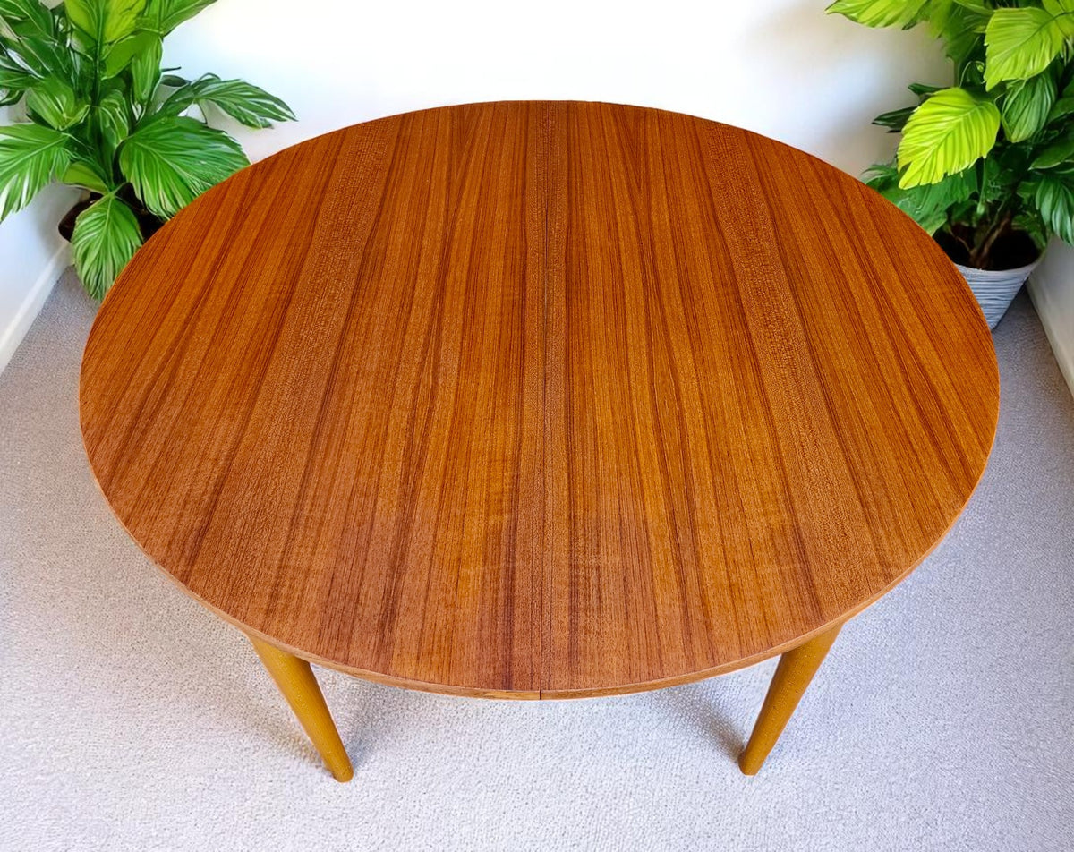 REFINISHED Danish Mid Century Modern Teak Table by Farstrup Round to Oval 43