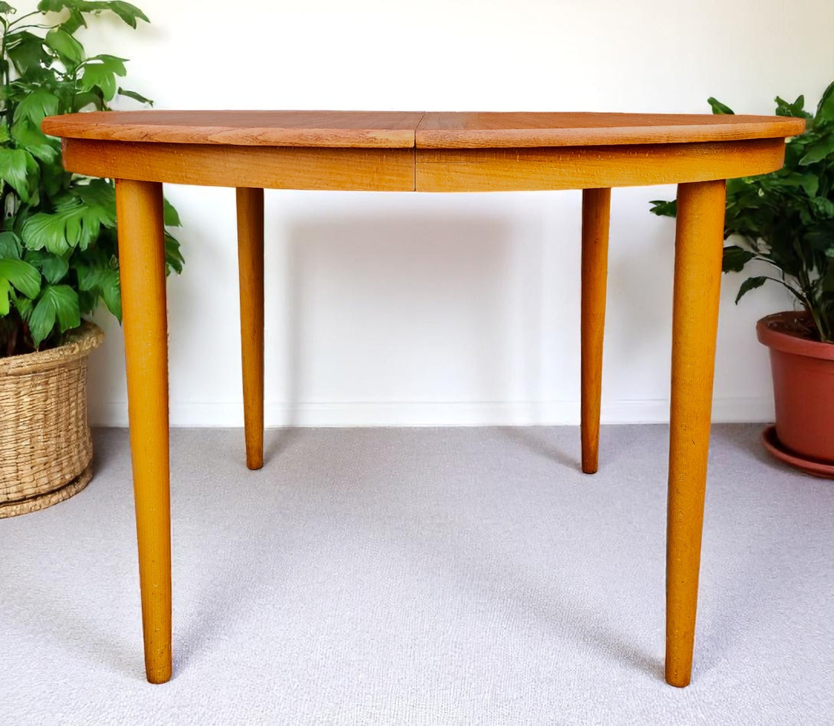 REFINISHED Danish Mid Century Modern Teak Table by Farstrup Round to Oval 43