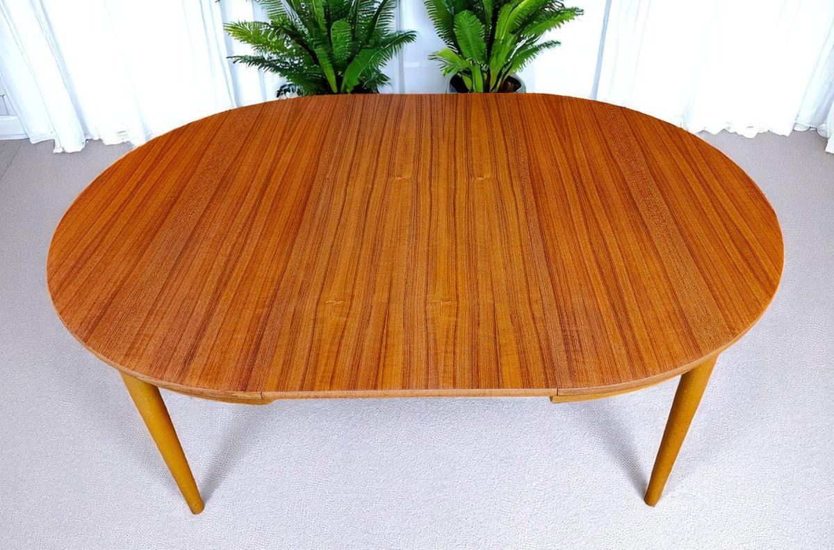 REFINISHED Danish Mid Century Modern Teak Table by Farstrup Round to Oval 43