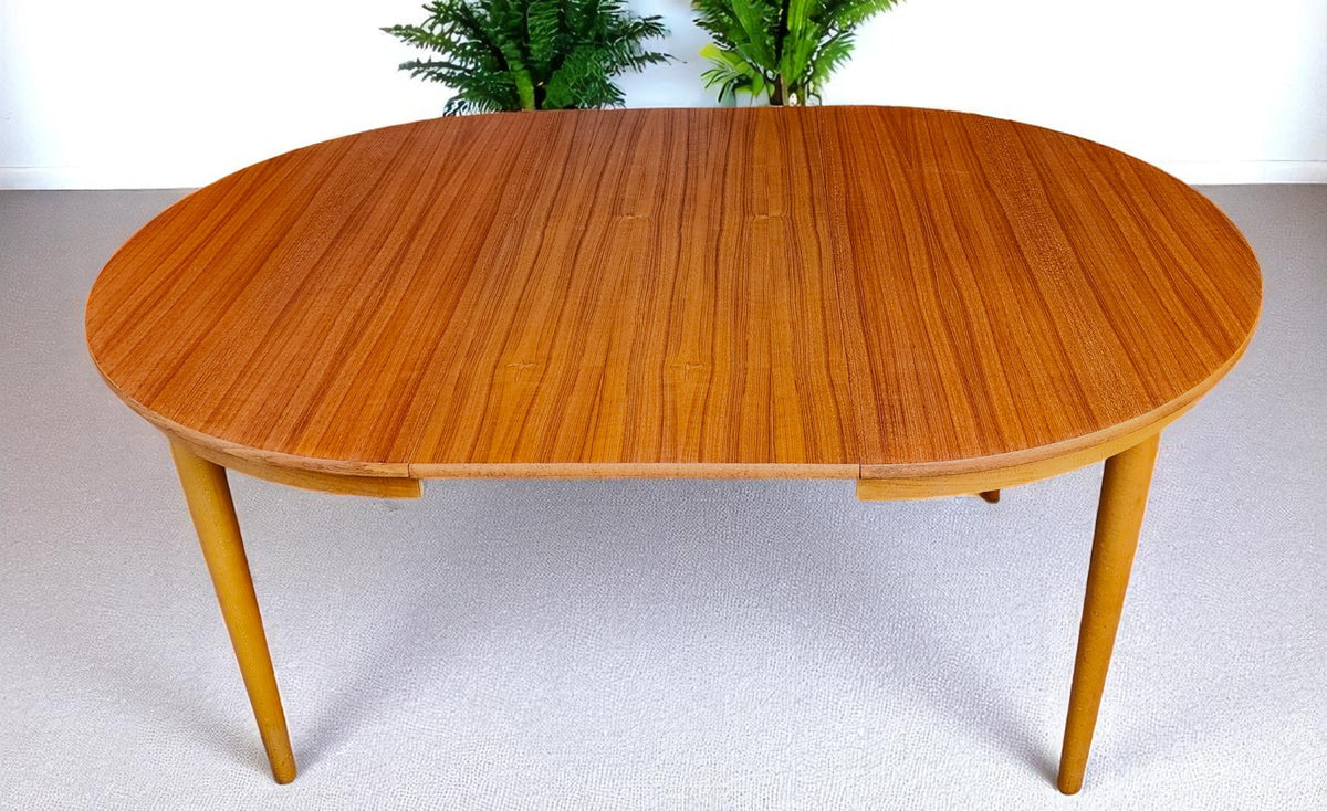 REFINISHED Danish Mid Century Modern Teak Table by Farstrup Round to Oval 43