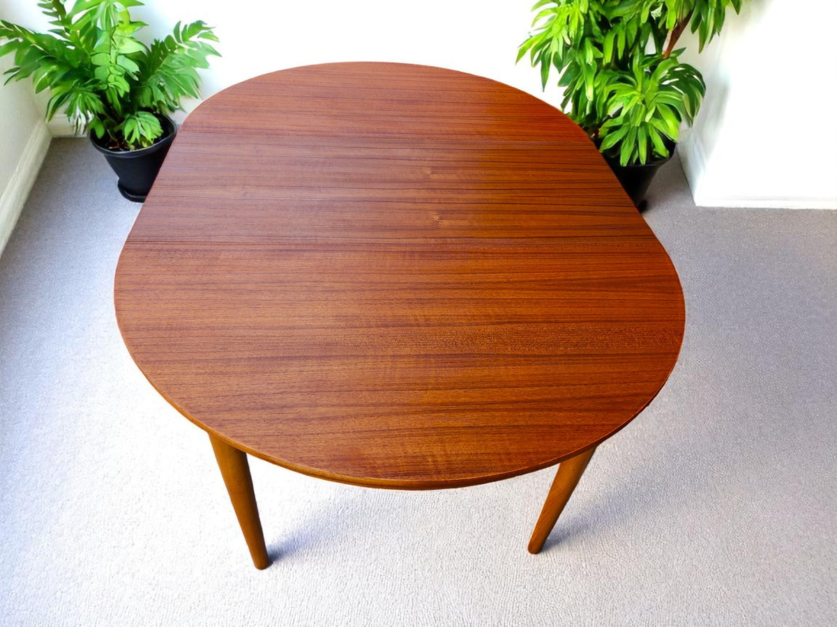 REFINISHED Danish Mid Century Modern Teak Table by Farstrup Round to Oval 43