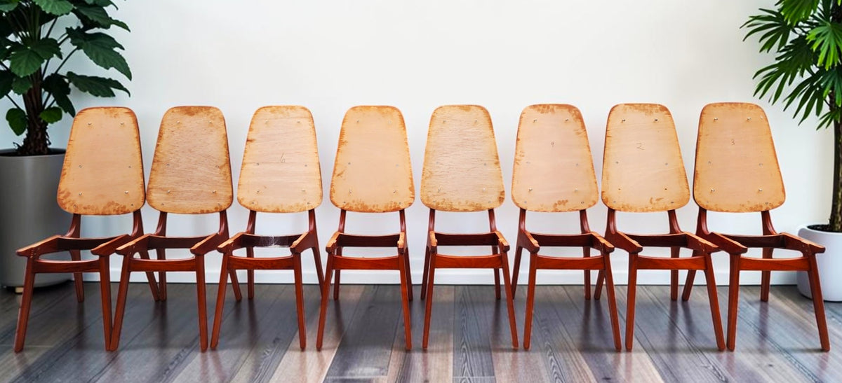 8 RESTORED Danish MCM Teak Shield Back Chairs by A. H. Olsen, will be REUPHOLSTERED