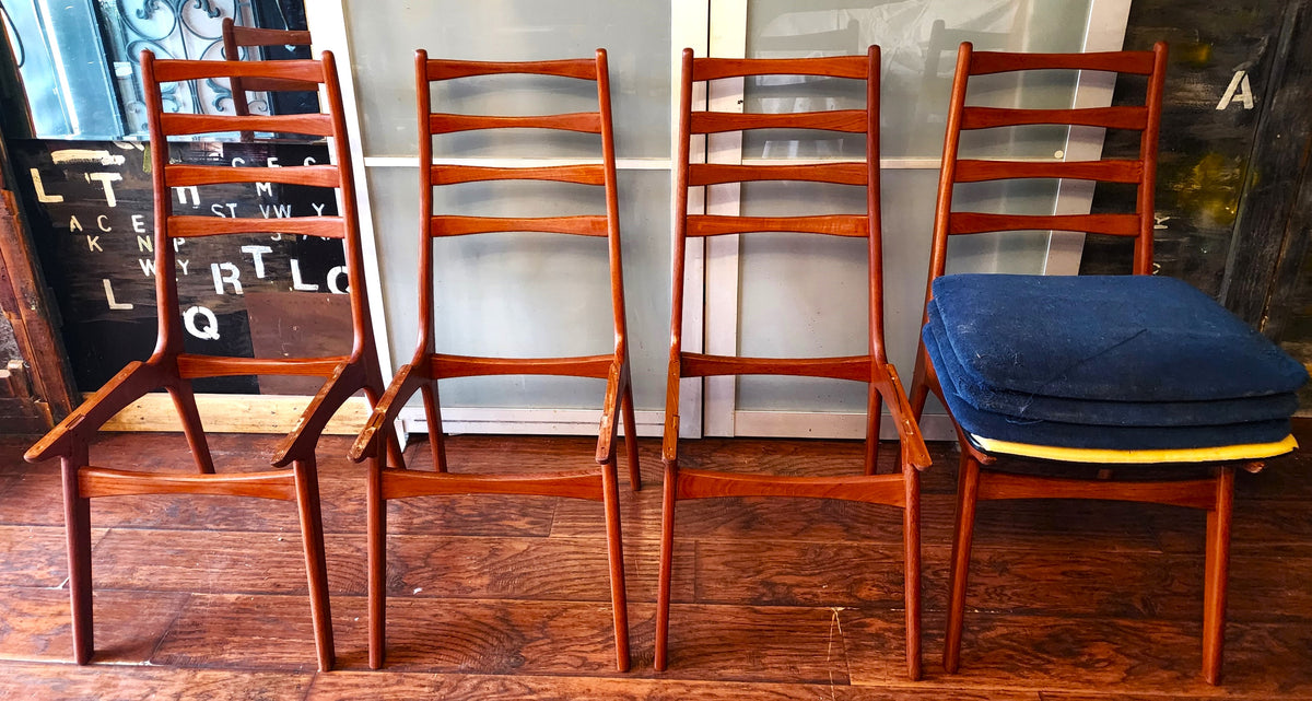 4 REUPHOLSTERED & REFINISHED Danish Mid Century Modern Teak Ladderback Chairs