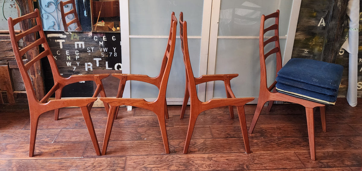 4 REUPHOLSTERED & REFINISHED Danish Mid Century Modern Teak Ladderback Chairs