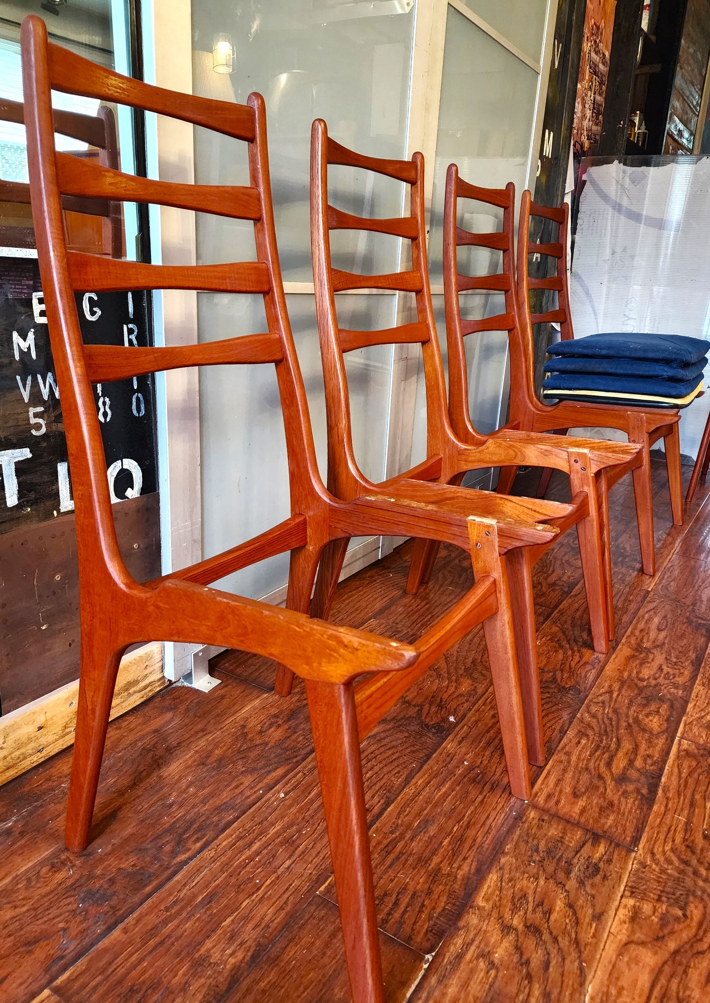 Choose Fabric! 4 REFINISHED Danish Mid Century Modern Teak Ladderback Chairs