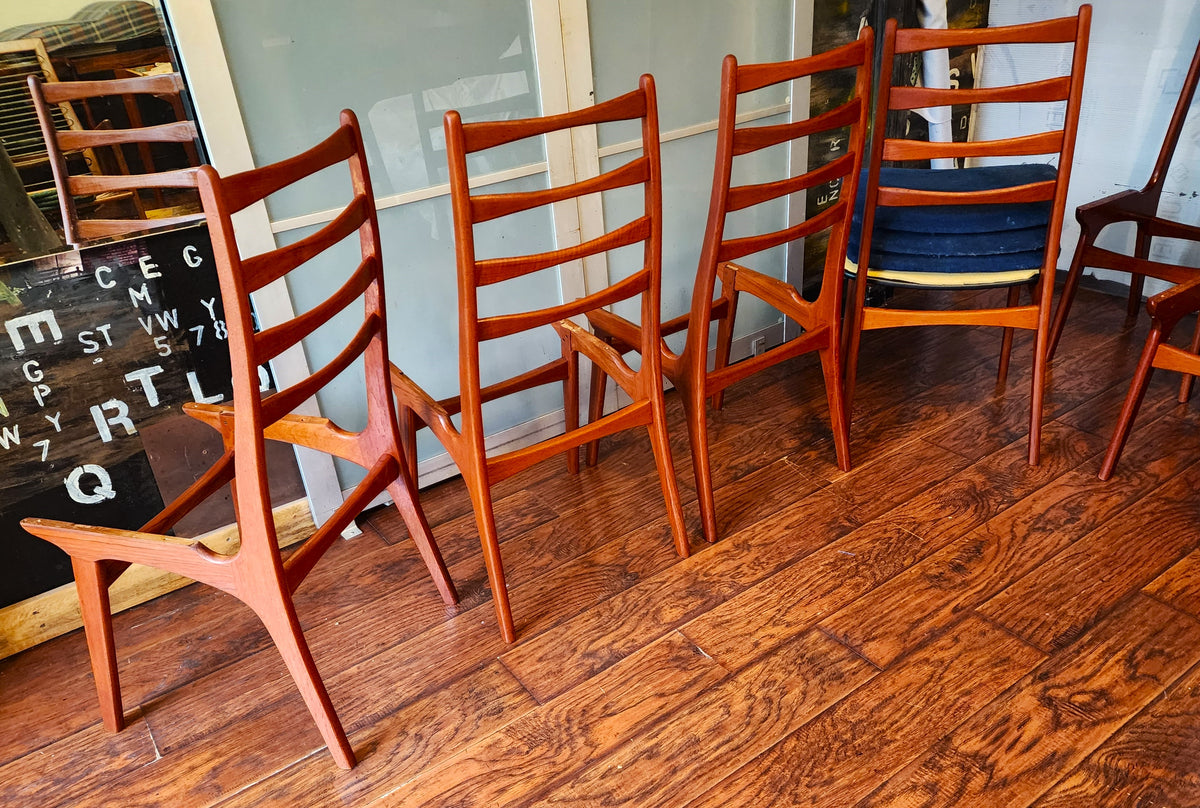 4 REUPHOLSTERED & REFINISHED Danish Mid Century Modern Teak Ladderback Chairs