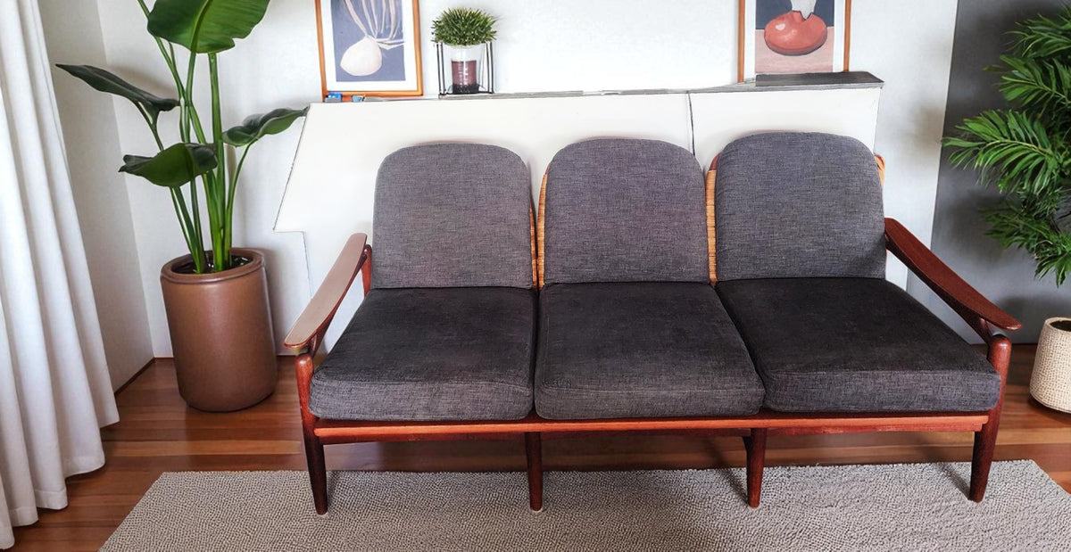 REFINISHED  Danish Mid Century Modern Teak & Cane Sofa