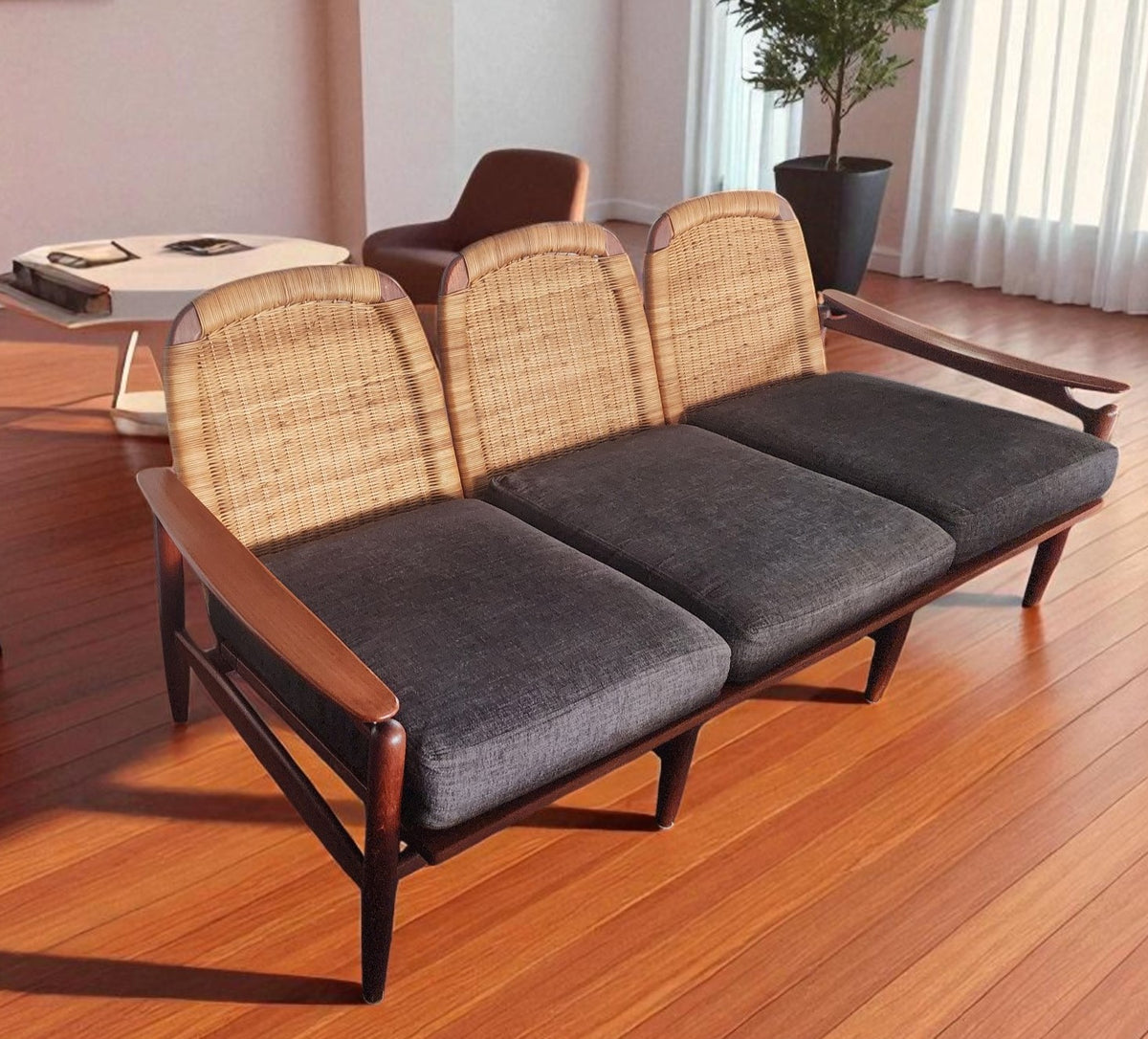 REFINISHED  Danish Mid Century Modern Teak & Cane Sofa