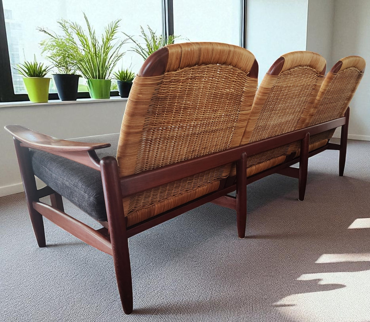 REFINISHED  Danish Mid Century Modern Teak & Cane Sofa