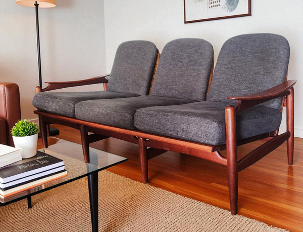 REFINISHED  Danish Mid Century Modern Teak & Cane Sofa