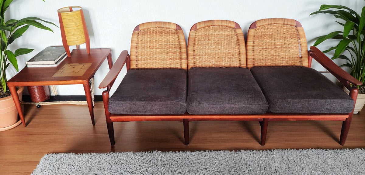 REFINISHED  Danish Mid Century Modern Teak & Cane Sofa