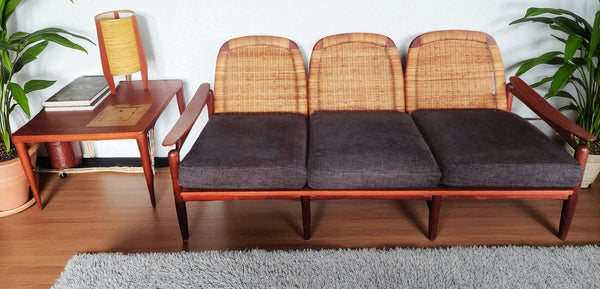 REFINISHED  Danish Mid Century Modern Teak & Cane Sofa